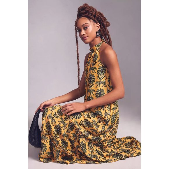 Anthropologie Farm Rio Jungle Tiger & Leaves Paisley Tiered Satin Halter Dress - Picture 4 of 5